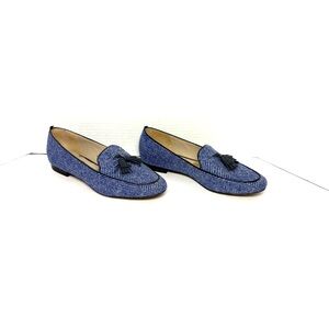 Boden Herringbone Tweed Loafer Sz 7 Blue Chevron Wool Tassel Preppy Slip On Flat